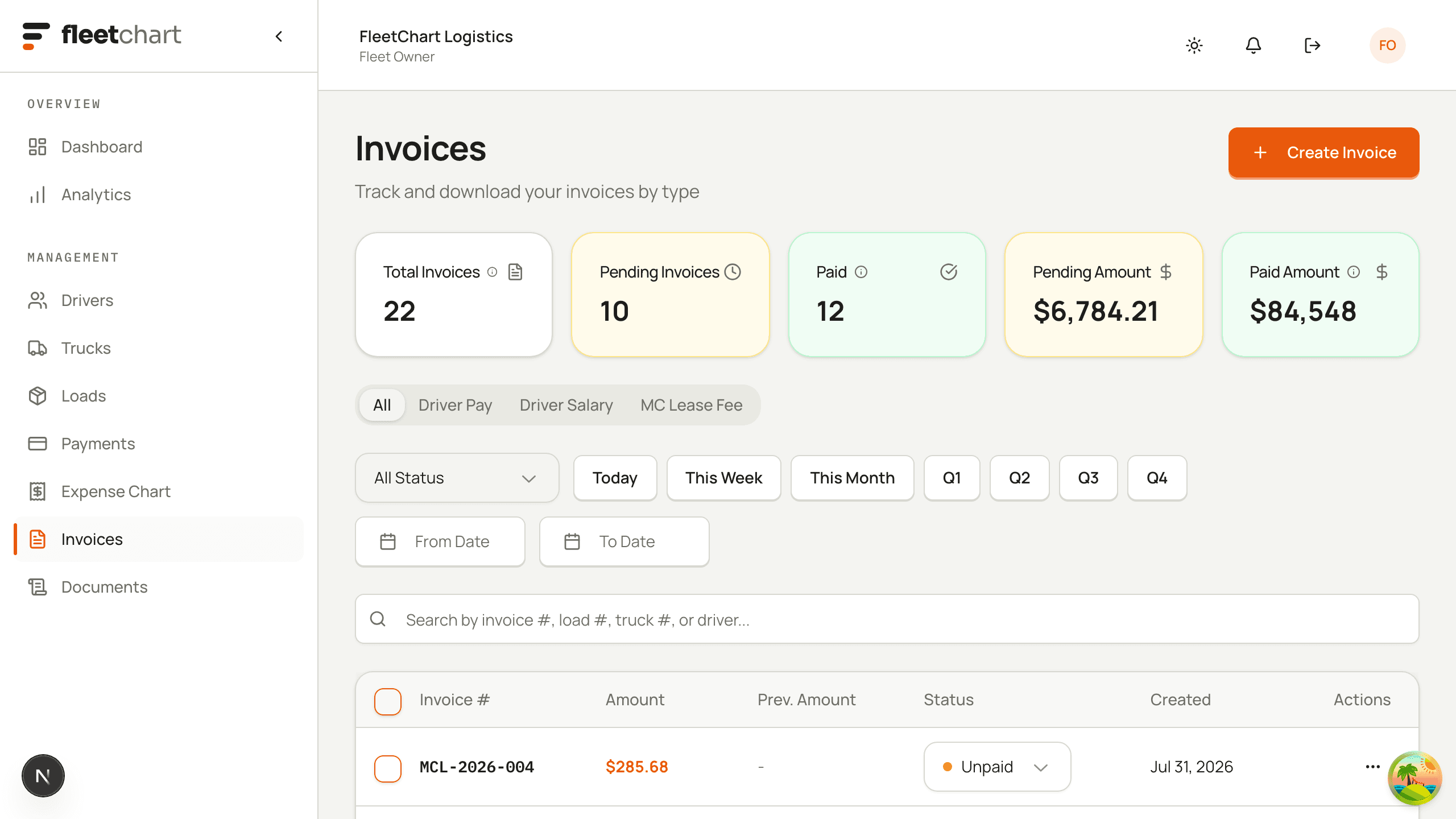The fleetchart invoices screen: total, pending and paid invoice counts with amounts.